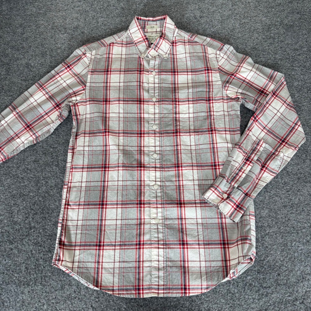 J.Crew Shirt Mens Small Gray Red Plaid Slim Fit Stretch‎ Button Down Long Sleeve